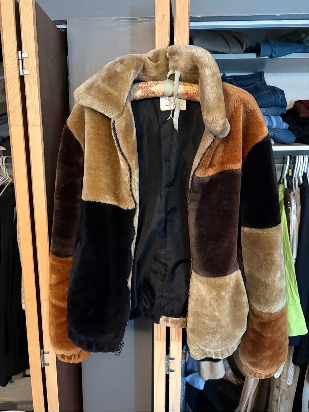 Urban Outfitters Patchwork Teddy Jacket in Brown and Tan